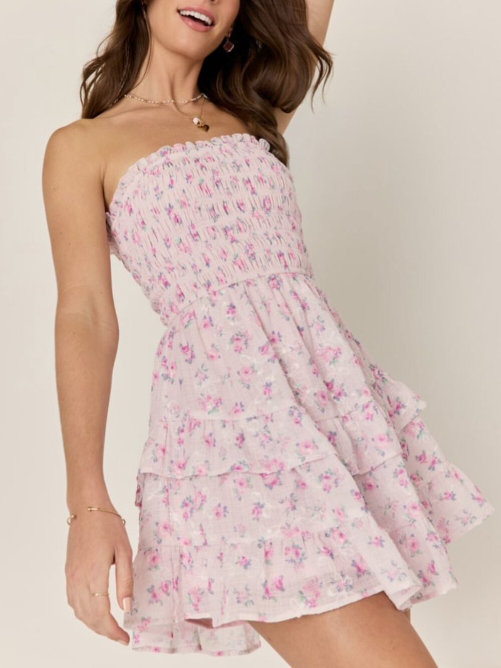 Francesca's Pink Floral Ruffle Tiered Strapless Mini Dress - XS